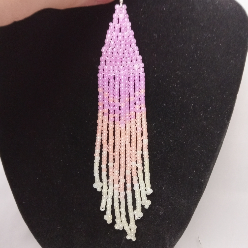 Elegant Beaded Dangle Earrings - Purple, Pink, Cream - Picture 5 of 9